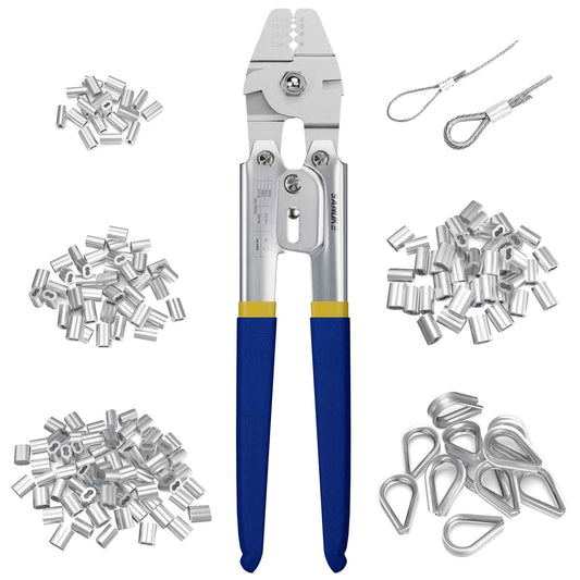 Sanuke Wire Rope Crimping Swaging Tool Cable Crimps up to 2.2mm(2/32inch) with 160pcs 4sizes Aluminum Double Barrel Ferrule Loop Sleeve and 10pcs Stainless Steel Thimble Assortment Kit