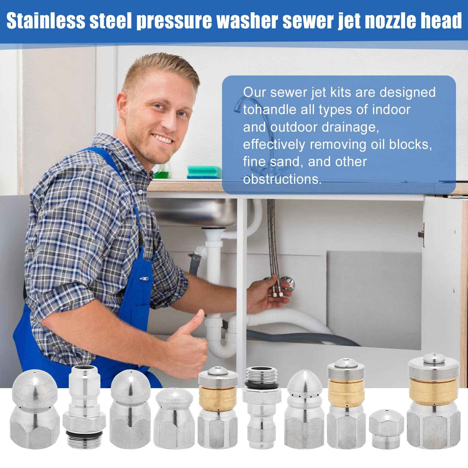 10pcs Sewer Jetter Nozzle Kit Stainless Steel, Pressure Washer Sewer Jetter Nozzle, 1/4" & 3/8" NPT Quick Connectors, 5000 PSI