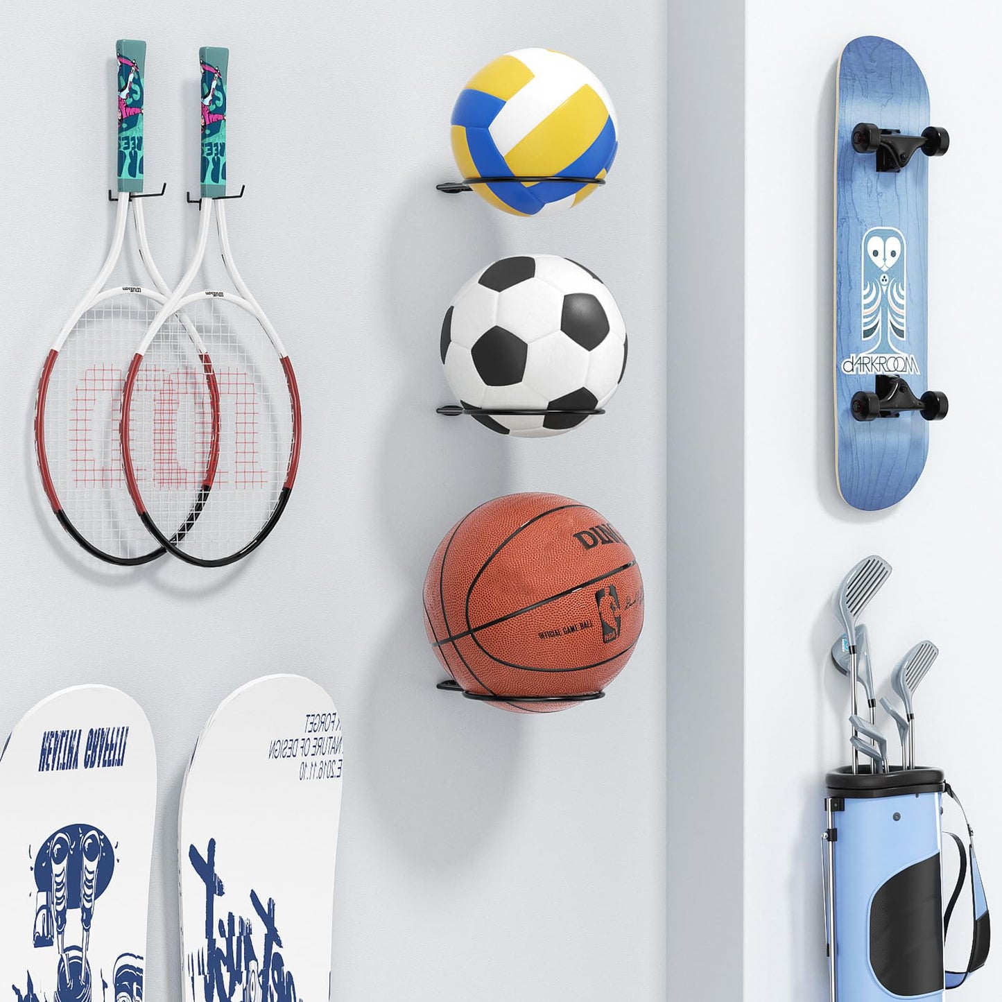 jockcaras Ball Holder Wall Mount Set – 4 Sports Ball Racks for Basketball, Soccer, Volleyball, Football – Wall Storage & Display for Sports Room