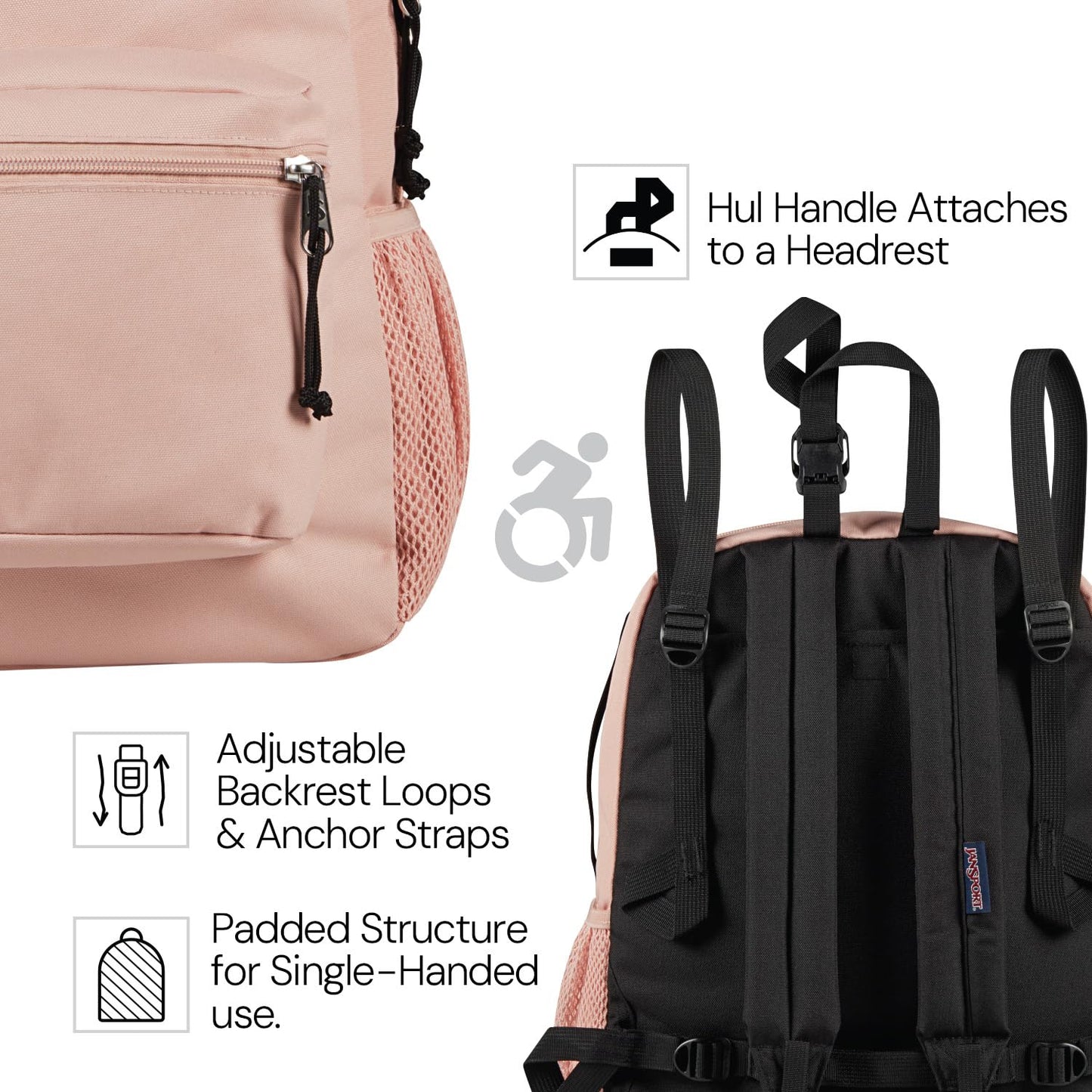JanSport Central Adaptive Backpack – Wheelchair & Walker Compatible, Tuck-Away Shoulder Straps, Adjustable Backrest Loops & Anchor Straps, Iconic Design, Black