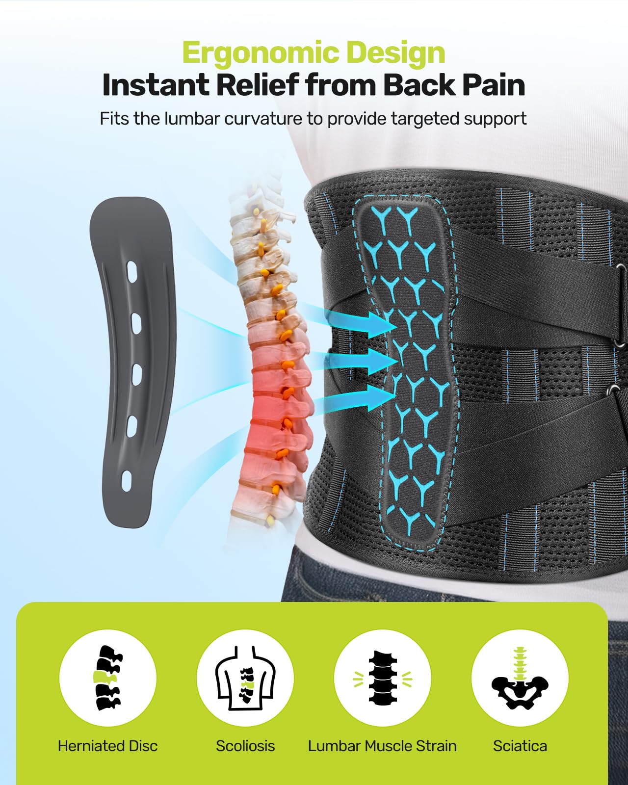 Rakiie Lumbar Back Brace with Removable Pad, Adjustable Lower Back Pain Relief Support for Men and Women, Comfortable Support Belt Ideal for Lower Back Pain, Sciatica, Scoliosis, Size XL (Waist: 45.3"-51.2")