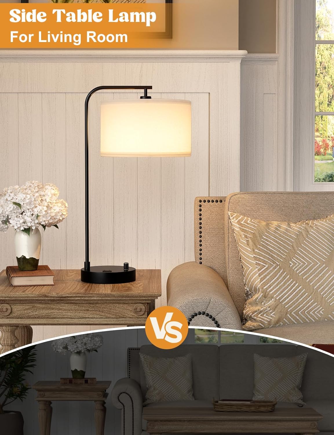 Dimmable Tall Table Lamp with USB Port & Outlet - Linen Shade Bedside Desk Lamp for Bedroom, Living Room, Home Office