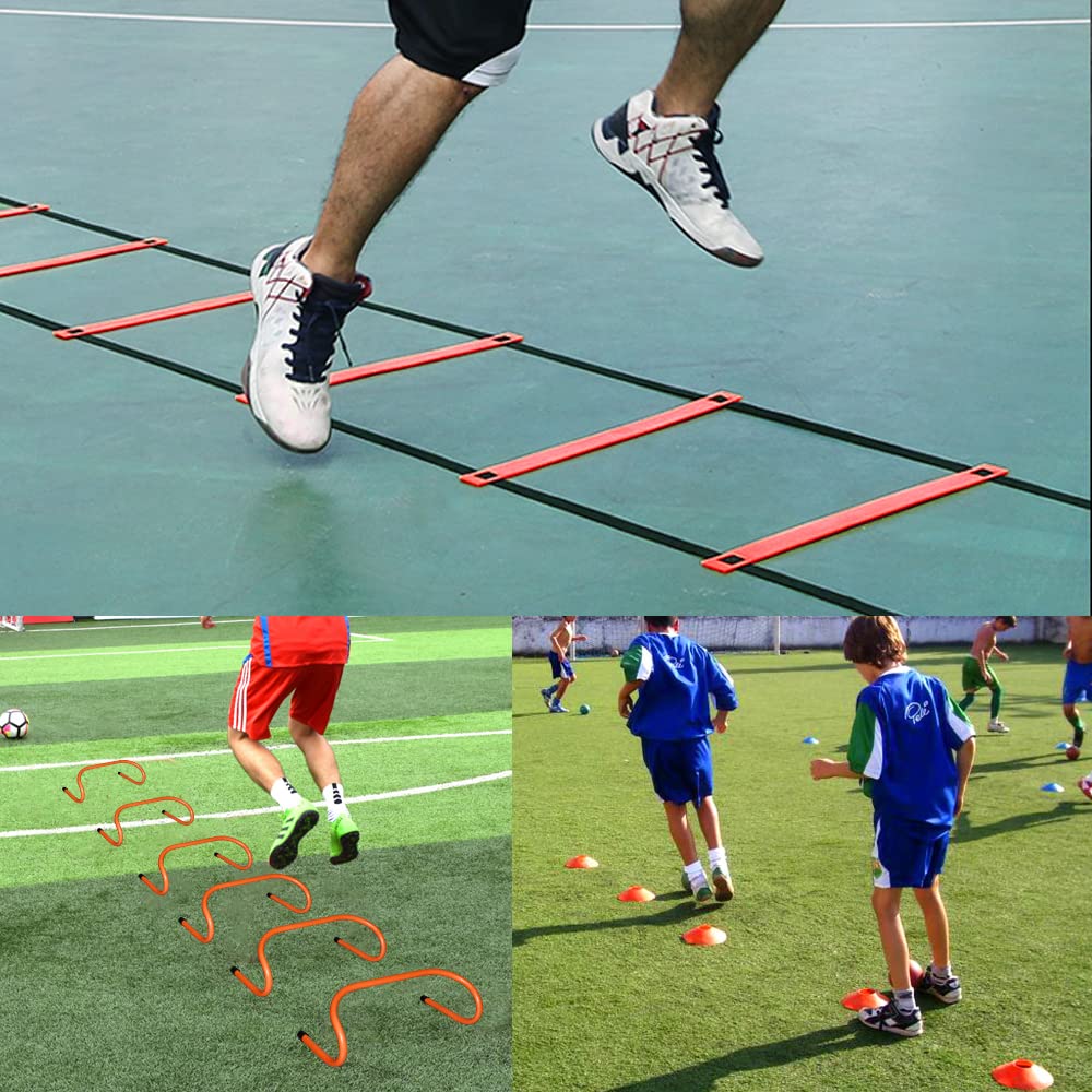 TNZMART Agility Ladder and Sport Hurdles Training Set with 10 Plastic Sport Cones Adjustable Ladder for Training (Orange，6 Hurdles)