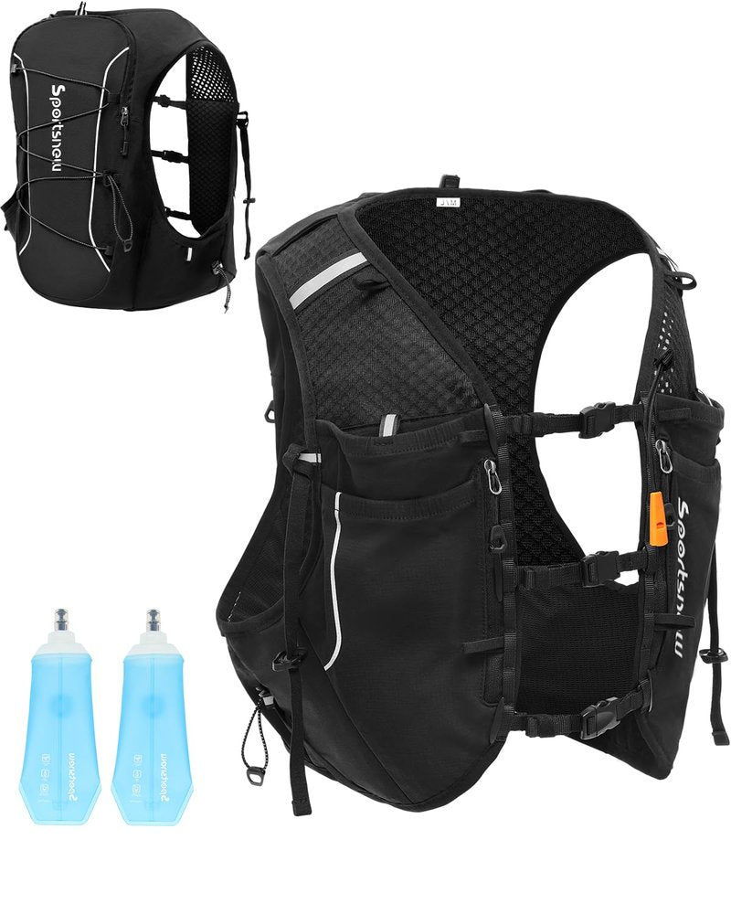 sportsnew Running Hydration Vest for Men Women, Breathable Hydration Backpack for Trail Running Cycling Hiking Marathon (Black with 2 x 500ML Soft Flask, S/M: Chest 28''-34'')