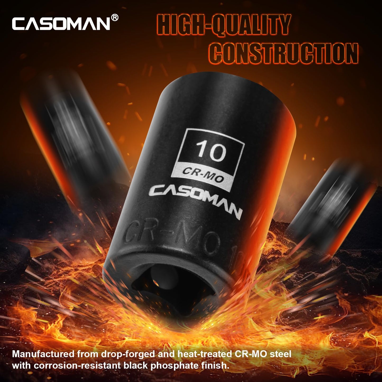 CASOMAN 1/4" Drive 10mm Shallow Magnetic Impact Socket, Metric, 6-Point, CR-MO with Black Phosphate Finish