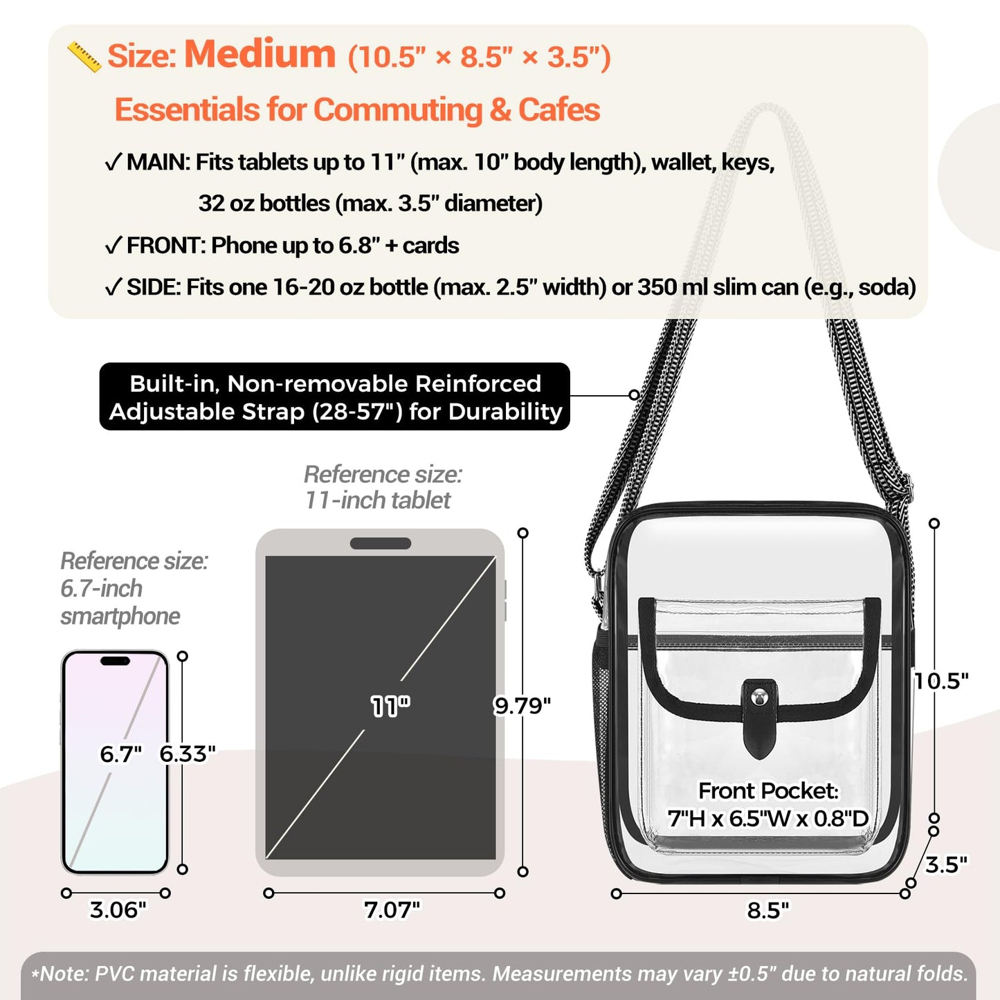 SPODEARS Black Clear Crossbody Bag with Guitar Strap for Stadium, Concert, Festival & More - Adjustable Shoulder Strap & Bottle Holder, Medium