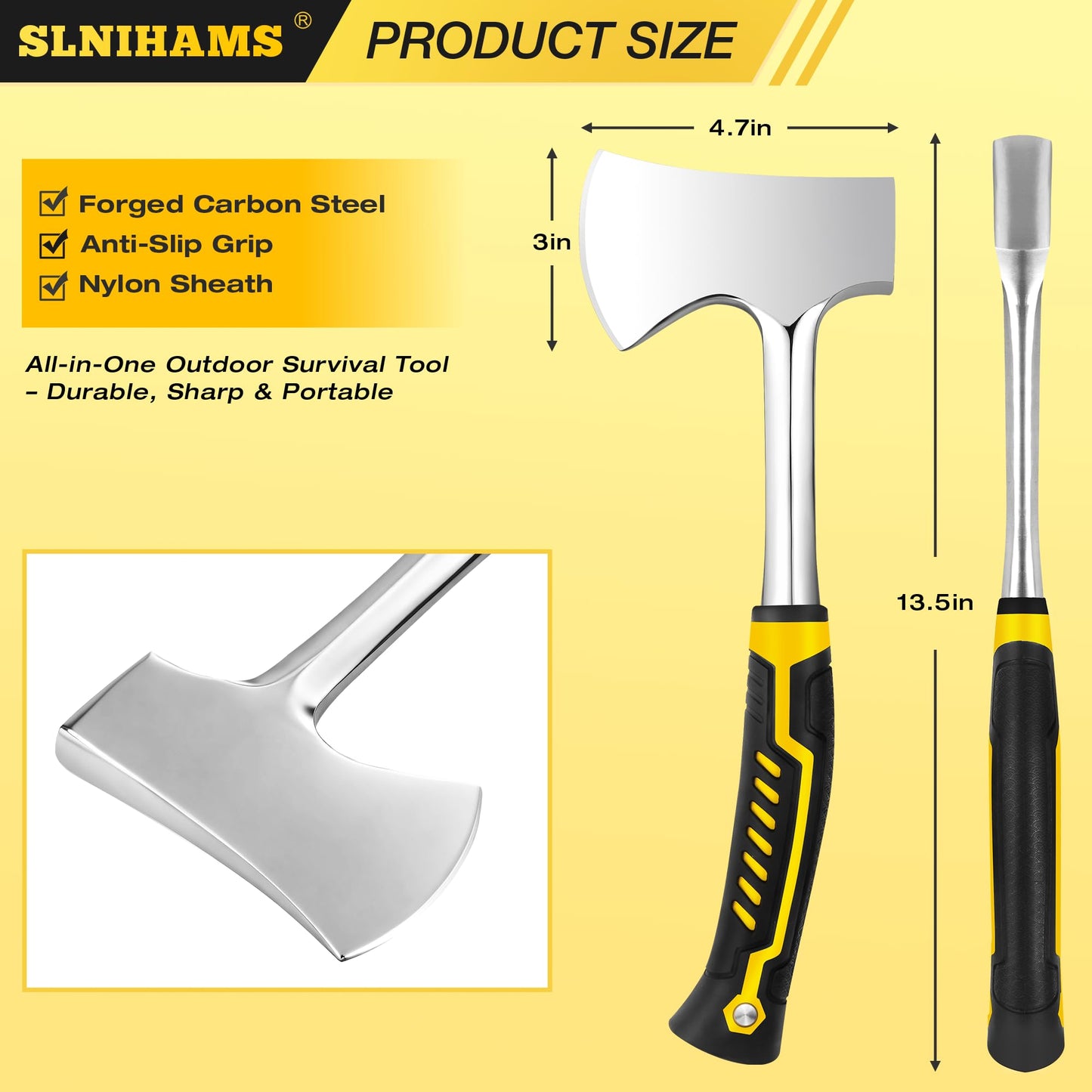 SLNIHAMS 13.5" Camping Hatchet, Forged Carbon Steel Axe with Ergonomic Anti-Slip Grip & Heavy-Duty Oxford Nylon Sheath – Outdoor Survival, Camping, Wood Splitting & Hiking Tool