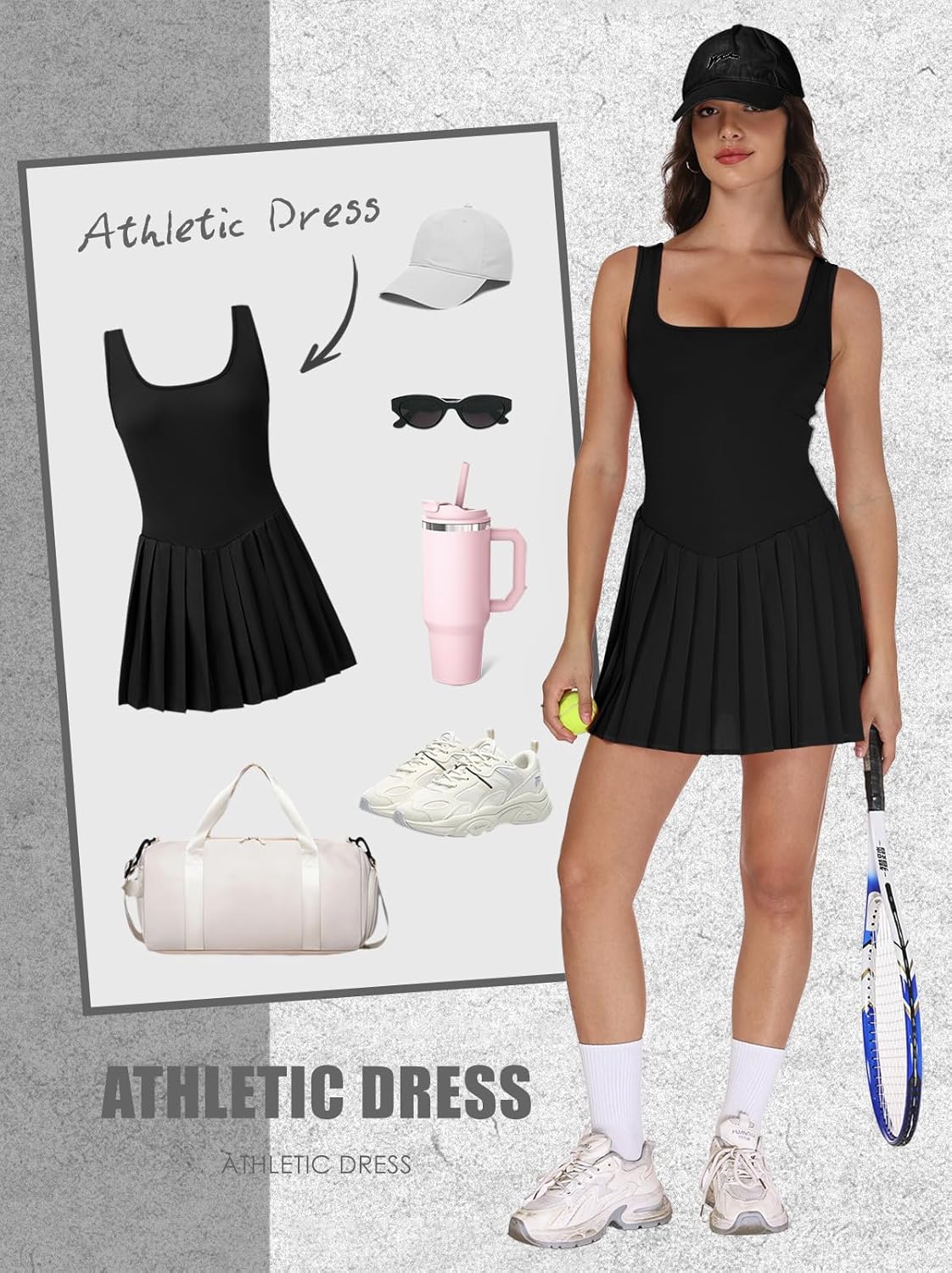 Skiennix Women's Athletic Dress - U Neck Tennis Dress with Built-In Shorts & Pockets | Sleeveless, Pleated
