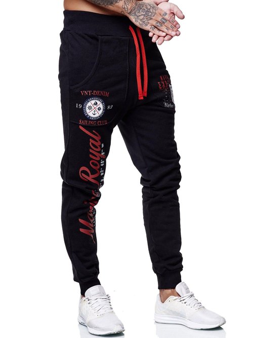 Marine Royal Men's Jogger Pants, Sports Fitness Running Casual Sweatpants Black Red
