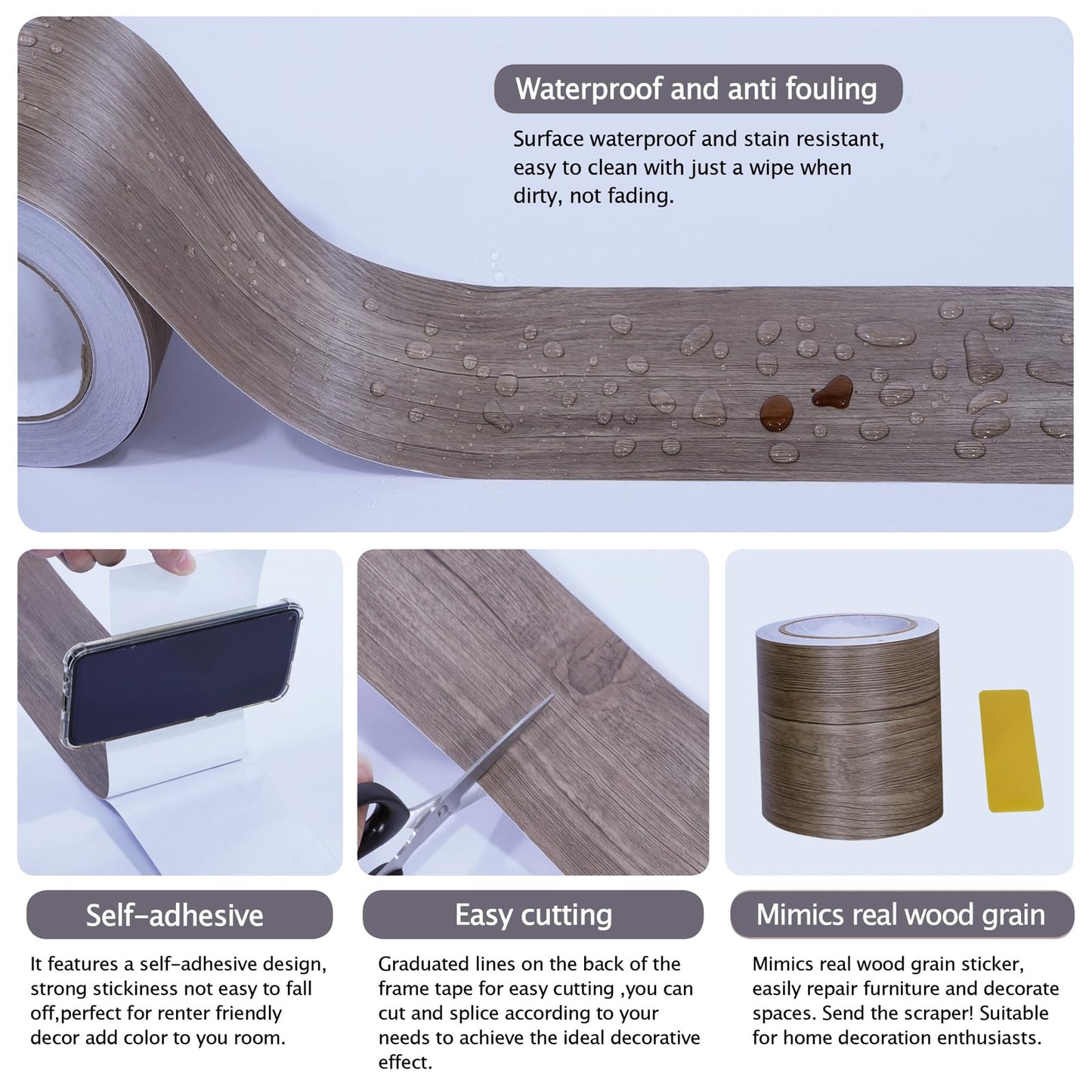 FEILAYS Wood Grain Wallpaper Border Removable PVC Waterproof Peel and Stick Wallpaper, Bathroom Mirror Frame Border Sticker Wall Decor Window sill Door Frame Black Locust Wood 3.93inch x 393inch