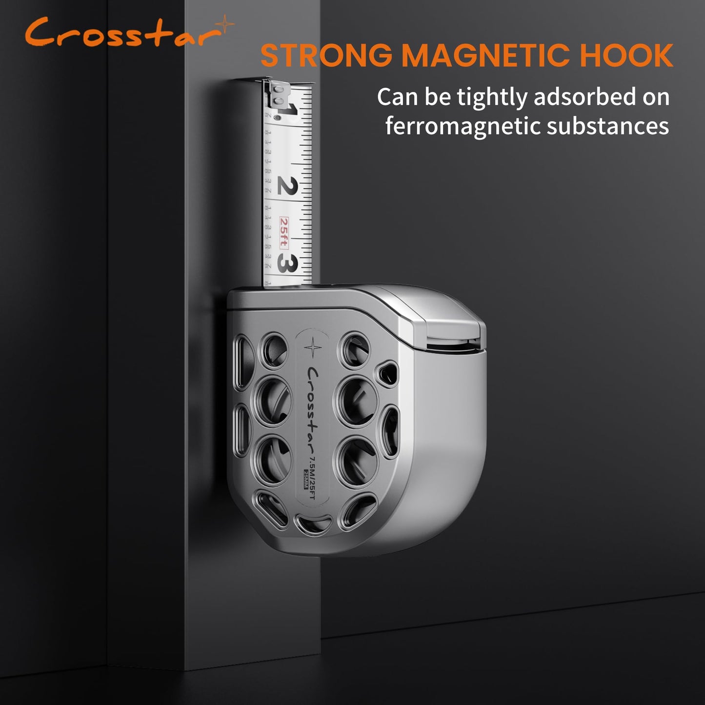Crosstar 25FT Magnetic Self-Locking Stainless Steel Tape Measure, Double-Sided Scale, Waterproof & Rustproof Retractable Measuring Tape with Hollow Design for Home, Industrial, Woodworking
