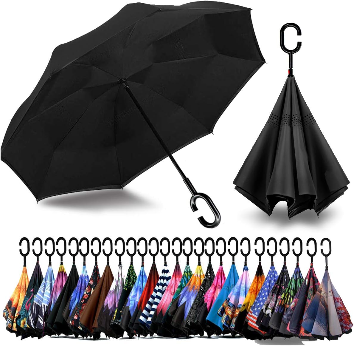 SIEPASA Inverted Reverse Umbrella - Extra Large Double Canopy, Windproof & Waterproof | 49/56 Inch C-Shape Handle