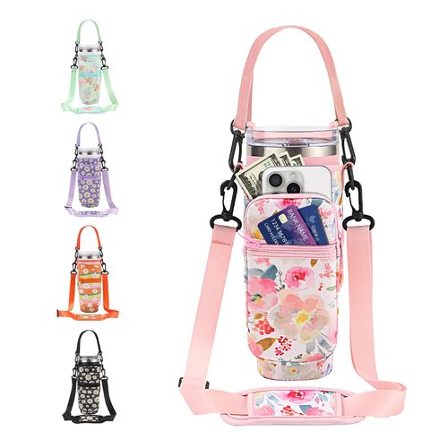 DLOCCOLD Water Bottle Carrier Bag with Phone Pocket for 40 oz Tumbler, Water Bottle Holder with Adjustable Shoulder & Handheld Strap, Carrier Sling Bag for Water Bottle Walking Camping Travelling