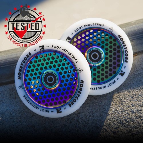 Honeycore Wheels 110mm - 120mm Pro Scooter Wheels Pair - Fits Most Setups - 24mm x 110mm - 120mm - Bearings Installed - 90 Day Warranty - Scooter Wheels (White/Rocket Fuel, 110mm)