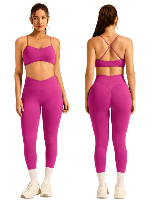 ABOCIW Womens Workout Sets 2 Piece Seamless Strappy Sports Bra Crossover Waist Leggings Gym Sets Yoga Pilates Outfits Work Out Clothes Hibiscus X-Small