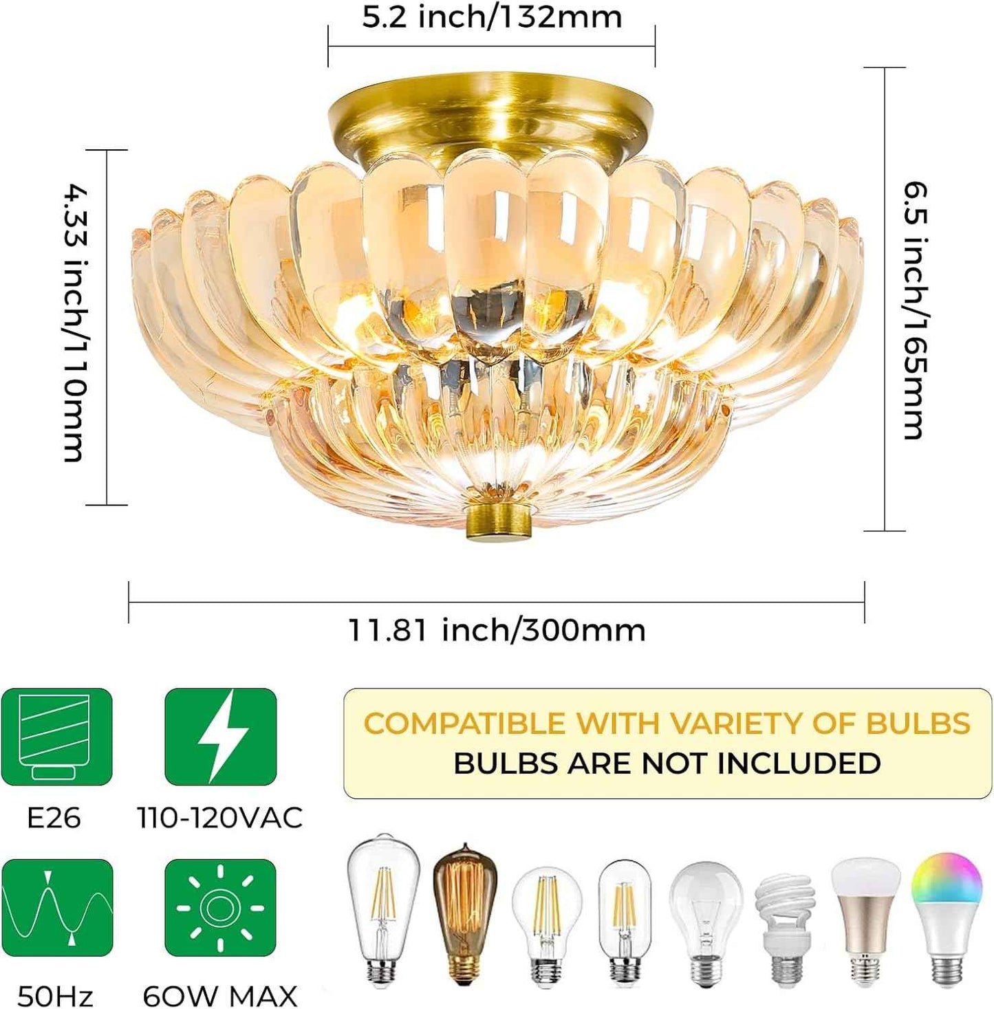 Modern Semi Flush Mount Ceiling Light Fixture with Brown Glass & Black Base - Ideal for Living Room, Kitchen, Bedroom, Hallway (Bulb Not Included)