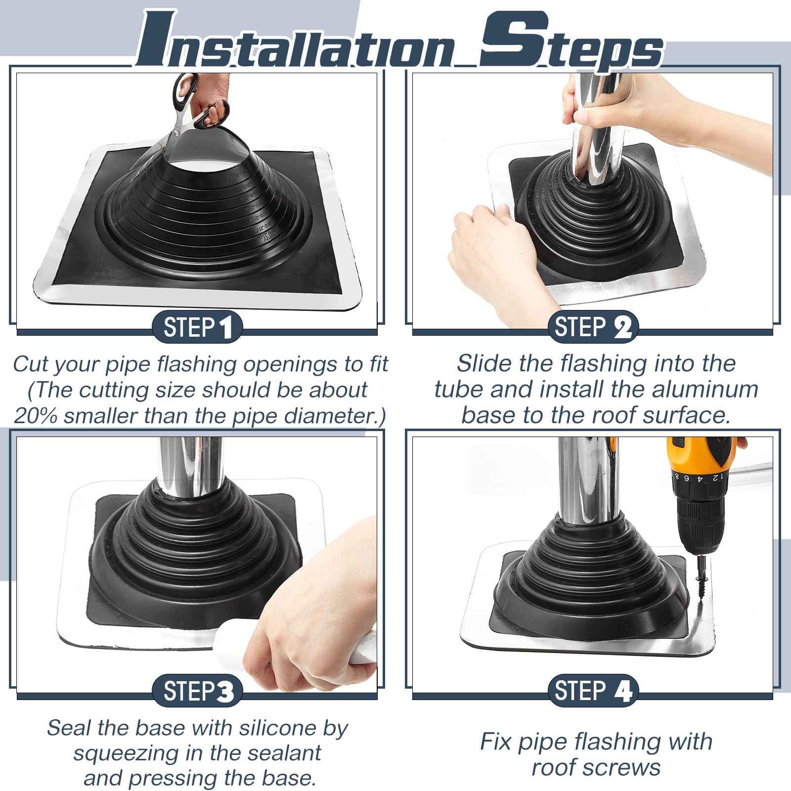 Yaocom #3 Metal Roof Vent Boot Chimney Flashing Roof Jack Pipe Vent for Pipe Diameters 1/4-5-3/4 Sleeve Square Base Epdm Stove(1 Pcs,8 Inch)