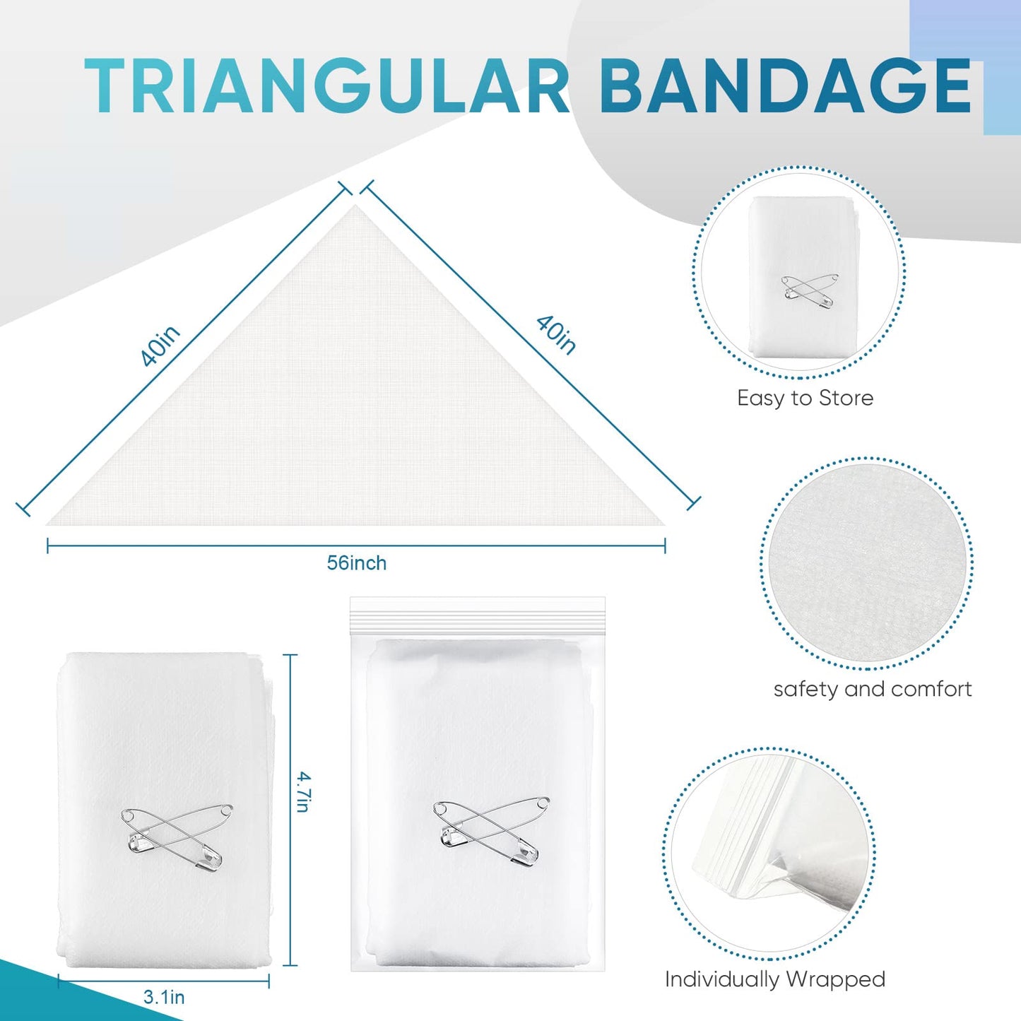 Saillong 50 Pcs First Aid Triangular Bandage with 2 Safety Pins, 40'' x 40'' x 56'', Large Splint Bandage Bulk Triangular Cravat Swathe Non Woven Cotton Splint Swathe, White