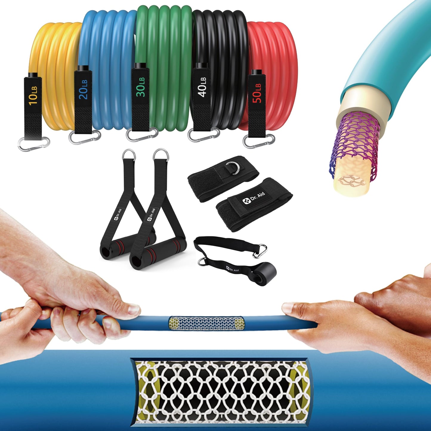 Dr. Aid Resistance Bands with Handles - 5 Reinforced Exercise Bands for Working Out, Fabric Core + Latex, Smell-Free & Tear Resistant - Workout Set for Physical Therapy, Strength Training & Stretch