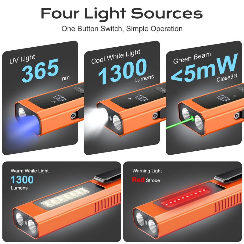 Acoszero EDC Flashlight 4 in 1 Pocket Magnetic Slim Flat Flashlight High Lumens Work Light with Green Beam & UV Light & Warning Light Combo EDC Rechargeable LT-010 (Orange Color)