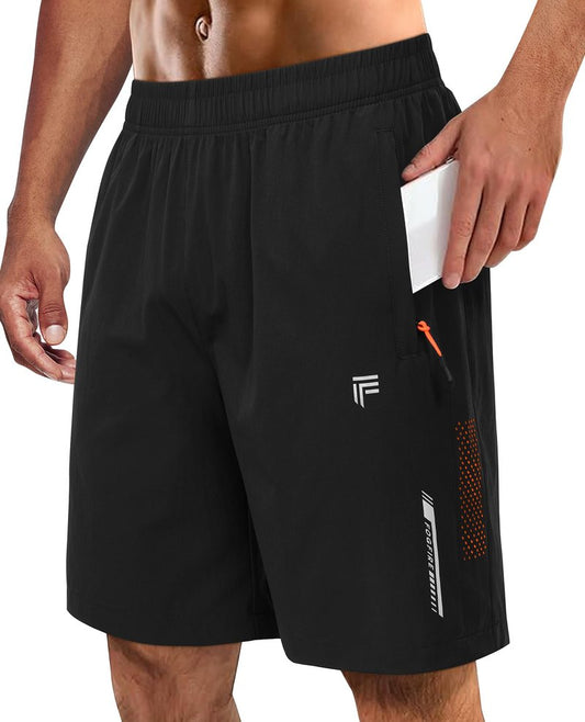 FOGFIRE Men's Athletic Running Shorts with Zipper Pockets Quick Dry Drawstring 7" Gym Shorts for Basketball Workout Jogging-Black