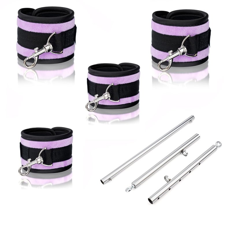 Spreader Bar Heavy Duty Stainless Steel Expandable Silver Bar Home Gym with 4pcs Furry Purple Adjustable Straps,Sports Aid Training Fitness Gear Pilates Aid Kit (Silver+Purple Furry Kit)