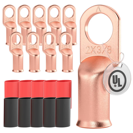AIRIC 10 PCS UL Listed 2 AWG - 3/8" Battery Cable Lugs, Heat Shrink Ring Terminals End, Copper Cable Ends, Wiring Connector Terminal, Electrical Crimp Connectors, Wire Lug for 2 Gauge Wires