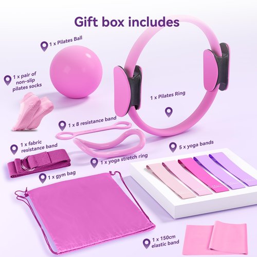Pilates Kit for Women,15 Inch Magic Circle, 6 Multi-Level Resistance Bands,Yoga Ball Socks, Back Neck Stretcher ,14-Piece Full Body Toning Pilates Equipment for Beginners, 15 Min Daily Routine