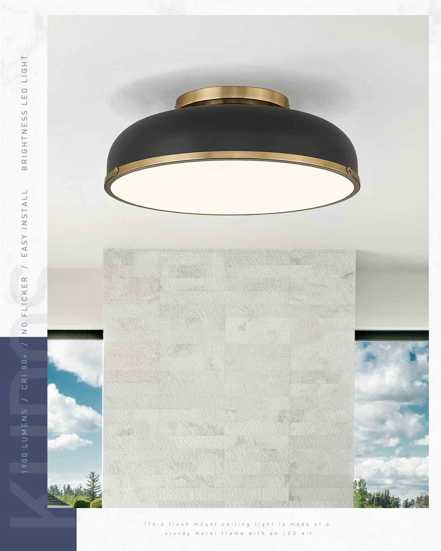 kudos Ceiling Light, 16-inch LED Flush Mount Ceiling Light, Black and Gold Finish, 30W/1900lm Light Fixtures Ceiling Mount for Bedroom,Hallway, 3000K/3700K/4500K/5100K/6000K Adjustbale, KDCL15-BK-L