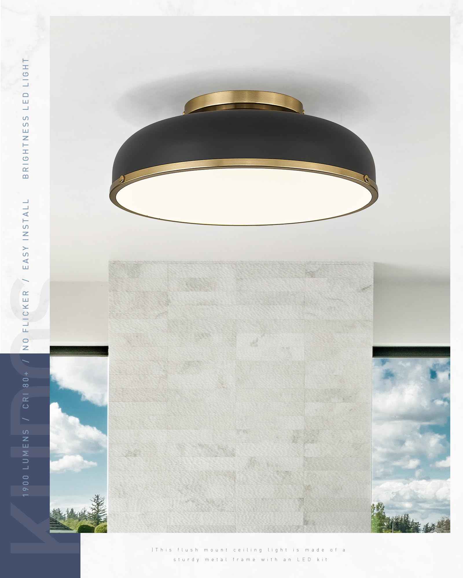 kudos Ceiling Light, 16-inch LED Flush Mount Ceiling Light, Black and Gold Finish, 30W/1900lm Light Fixtures Ceiling Mount for Bedroom,Hallway, 3000K/3700K/4500K/5100K/6000K Adjustbale, KDCL15-BK-L