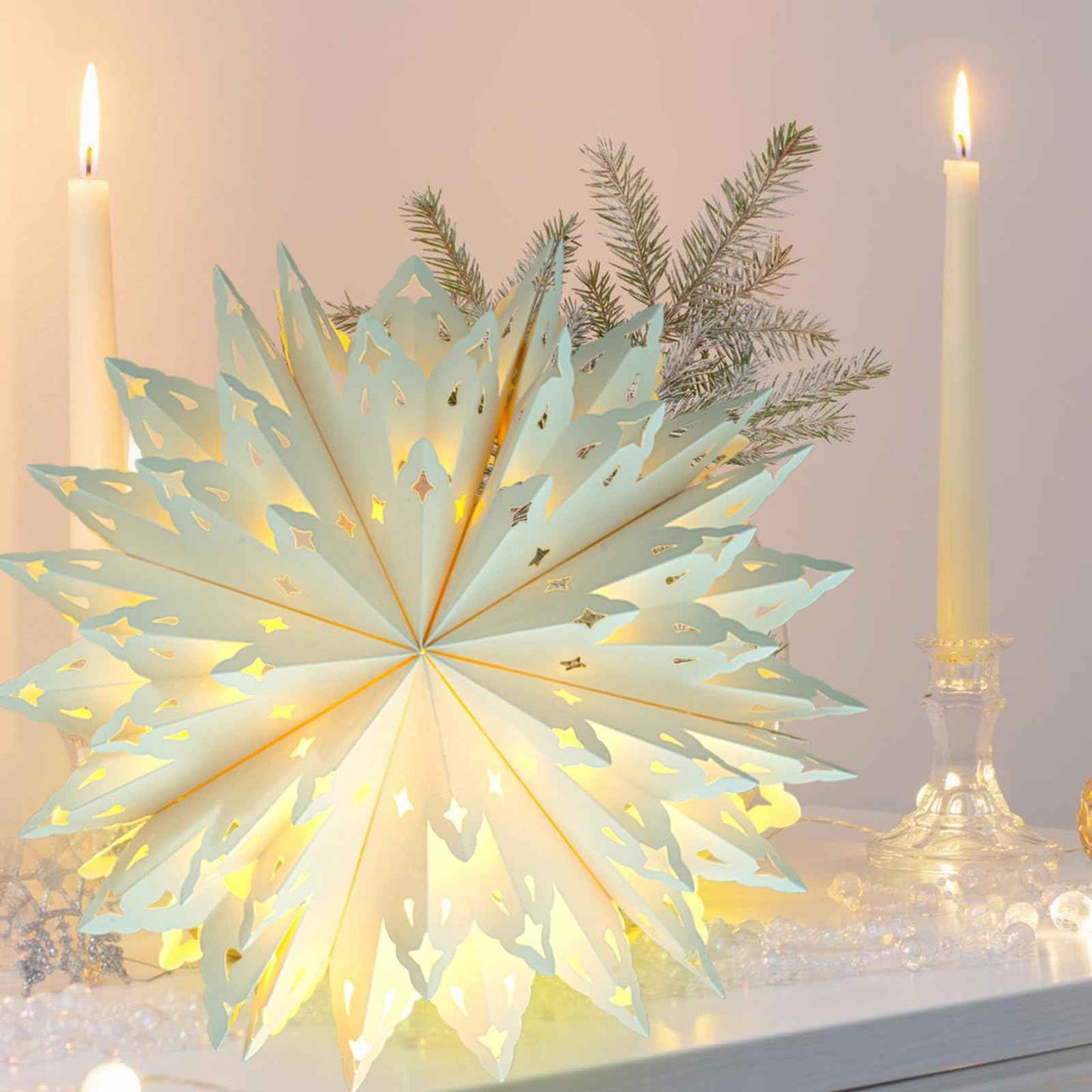 Christmas Paper Snowflake Lanterns, 2 Pack Christmas Paper Star Lantern with LED Light White Hanging Lamp Ornaments for Xmas Tree New Year Winter Frozen Weddings Birthday Holiday Party Decorations