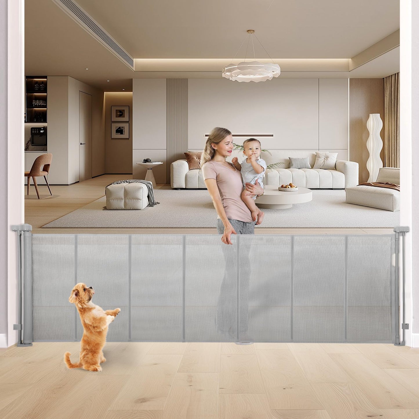 Innovative Retractable Baby Gates with Reinforced Strip,150" Extra Wide Mesh Baby Gate, 35" Tall One-Handed Operation, Double Locking Desion for Doorways Hallways Indoor Outdoor