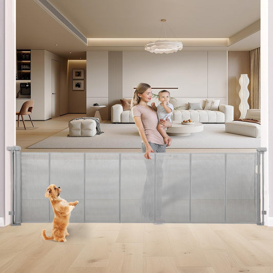 Innovative Retractable Baby Gates with Reinforced Strip,150" Extra Wide Mesh Baby Gate, 35" Tall One-Handed Operation, Double Locking Desion for Doorways Hallways Indoor Outdoor