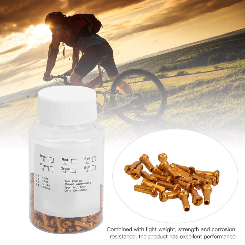 Spoke Cover Nipple, 54g Sturdy Durable 14x6mm Aluminum Alloy Bicycle Spoke Cap, 100Pcs Resistance Rust Proof for Cycling Accessory Bike Spokes (Gold)
