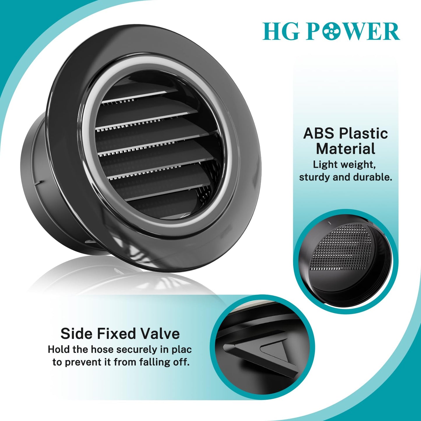 HG Power 4 Inch Soffit Vent, ABS Plastic Round Vent Cover with Built-in Screen Mesh, Black Louver Exhaust Vent for Exhaust Fan, Inline Duct Fan, Bathroom, Kitchen, Garage Use, 100mm