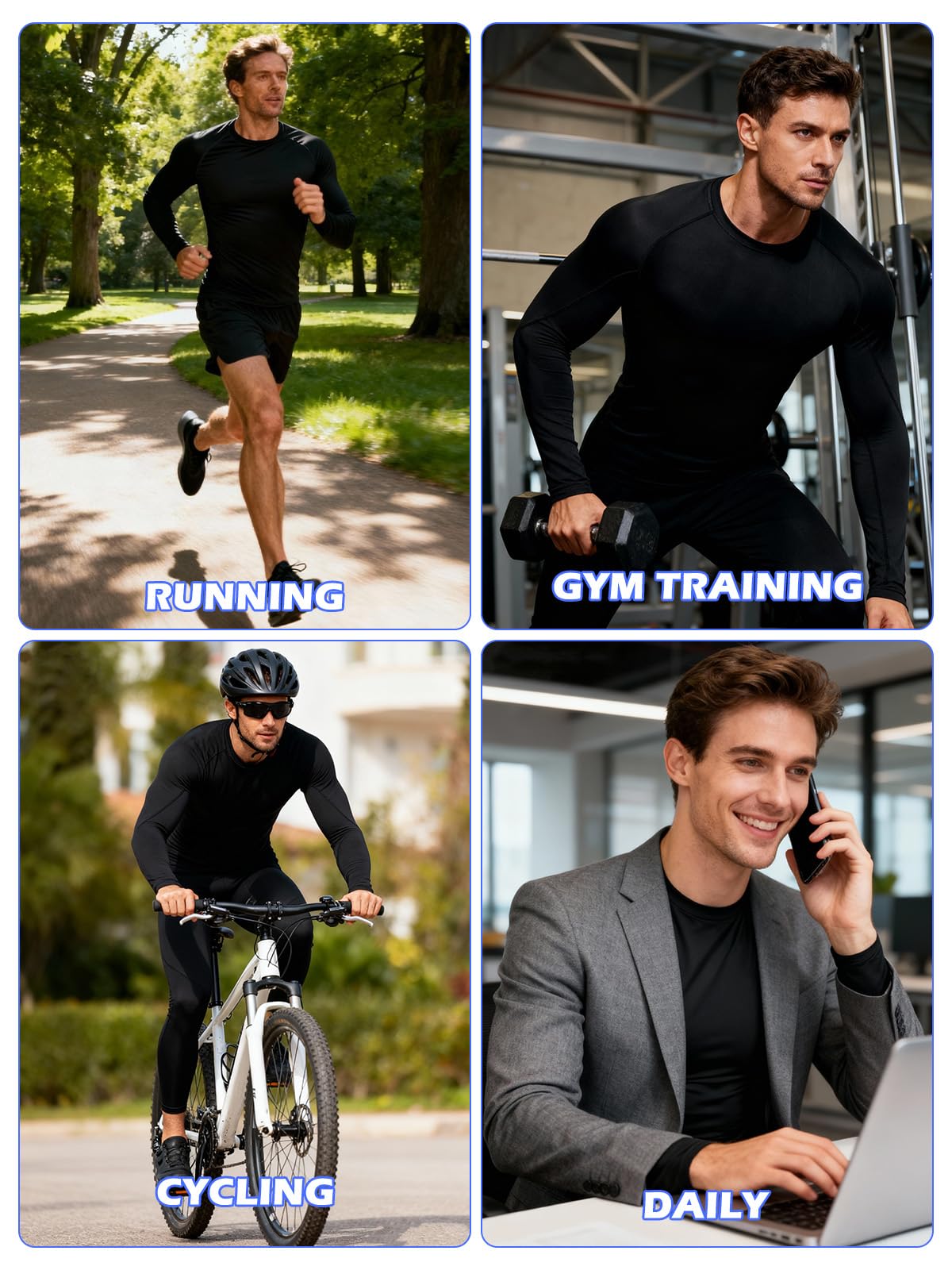 Odoland 3 Pack Long Sleeve Compression Shirts for Men, Crew Neck Sports Undershirt, Athletic Base Layer Top for Workouts Gym,Black*3,XXXL