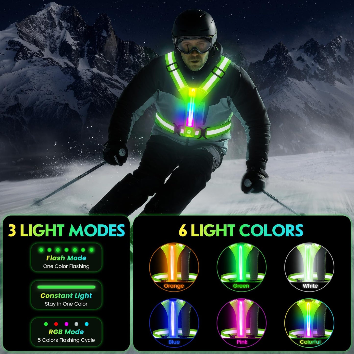 LED Reflective Running Vest, High Visibility Light Up Safety Vest with 3 Light Modes & 6 Light Colors, Rechargeable USB-C Adjustable Lightweight Night Running Gear for Men Women Cycling Walking