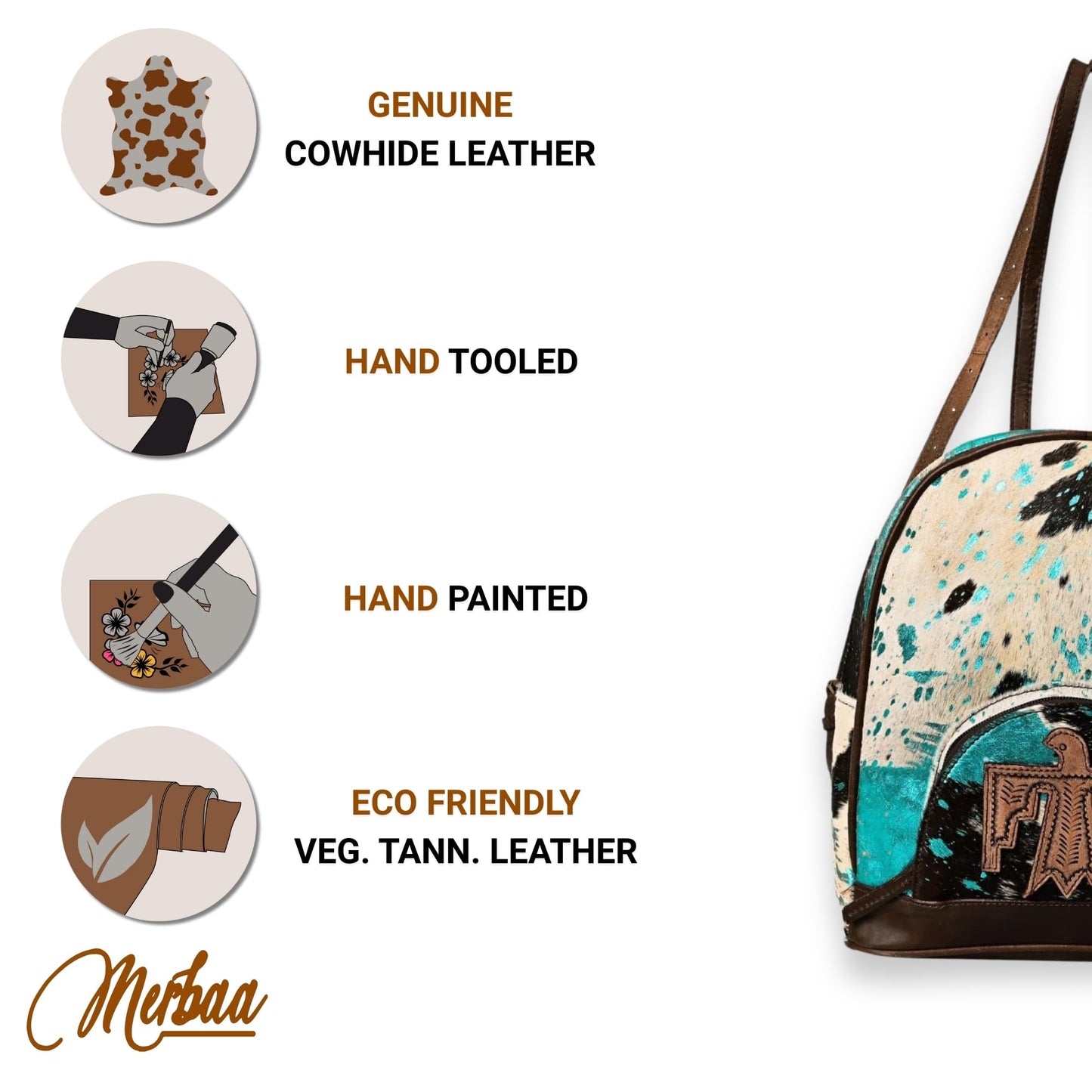 Merbaa Handmade Cowhide Leather Cotton Lining Zipper Closure Fashion Backpack For Women With Eagle Tooling Patch in Front, Teal Blue