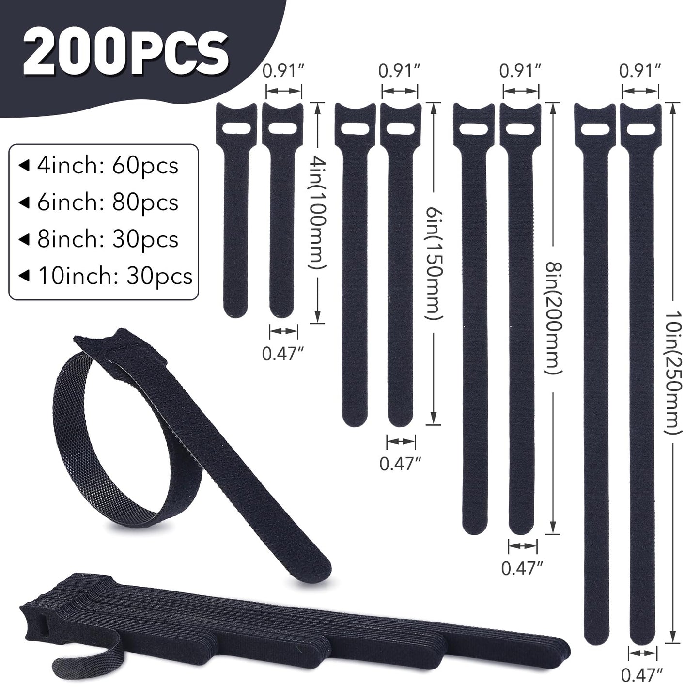 MVYC 200PCS Reusable Cable Ties Wire Ties Cord Organizer Cable Organizer Adjustable Cable Management Black 4+6+8+10 inch