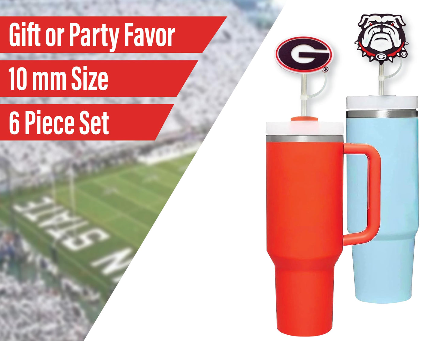 6 Georgia Bulldogs Straw Covers (10 millimeter) UGA Football Fan Merchandise Fits Large 40 oz Stanley Size Water Bottles (10 mm) (Georgia Bulldogs)