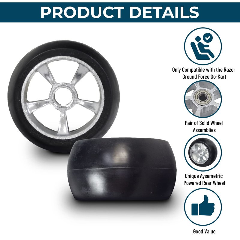 AlveyTech 4-1/2" x 2-1/2" Rear Wheels for Razor Ground Force Go-Kart - Replacement Parts for Electric Power Ground Force Model Only, Solid Rubber Tires, Left and Right Tire and Wheel Set
