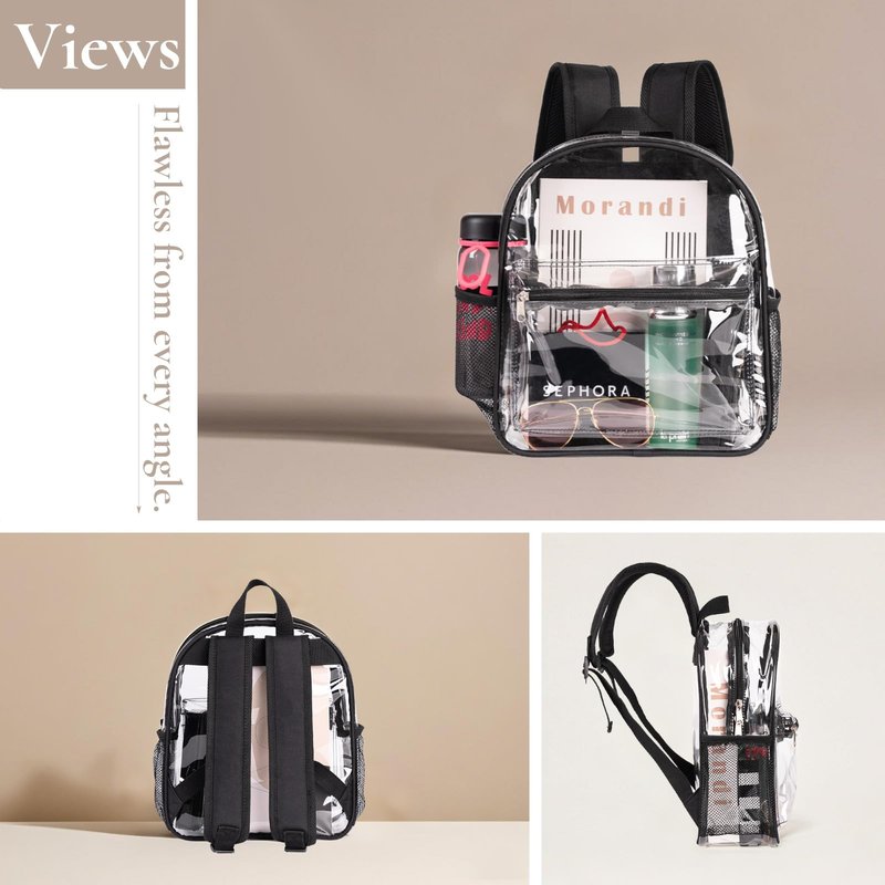 ZENPUNK Clear Backpack for Stadium Approved 12×12×6, Small Size See Through Bag, PVC Transparent Backpack for Festival Sport Event Concerts (BLK)