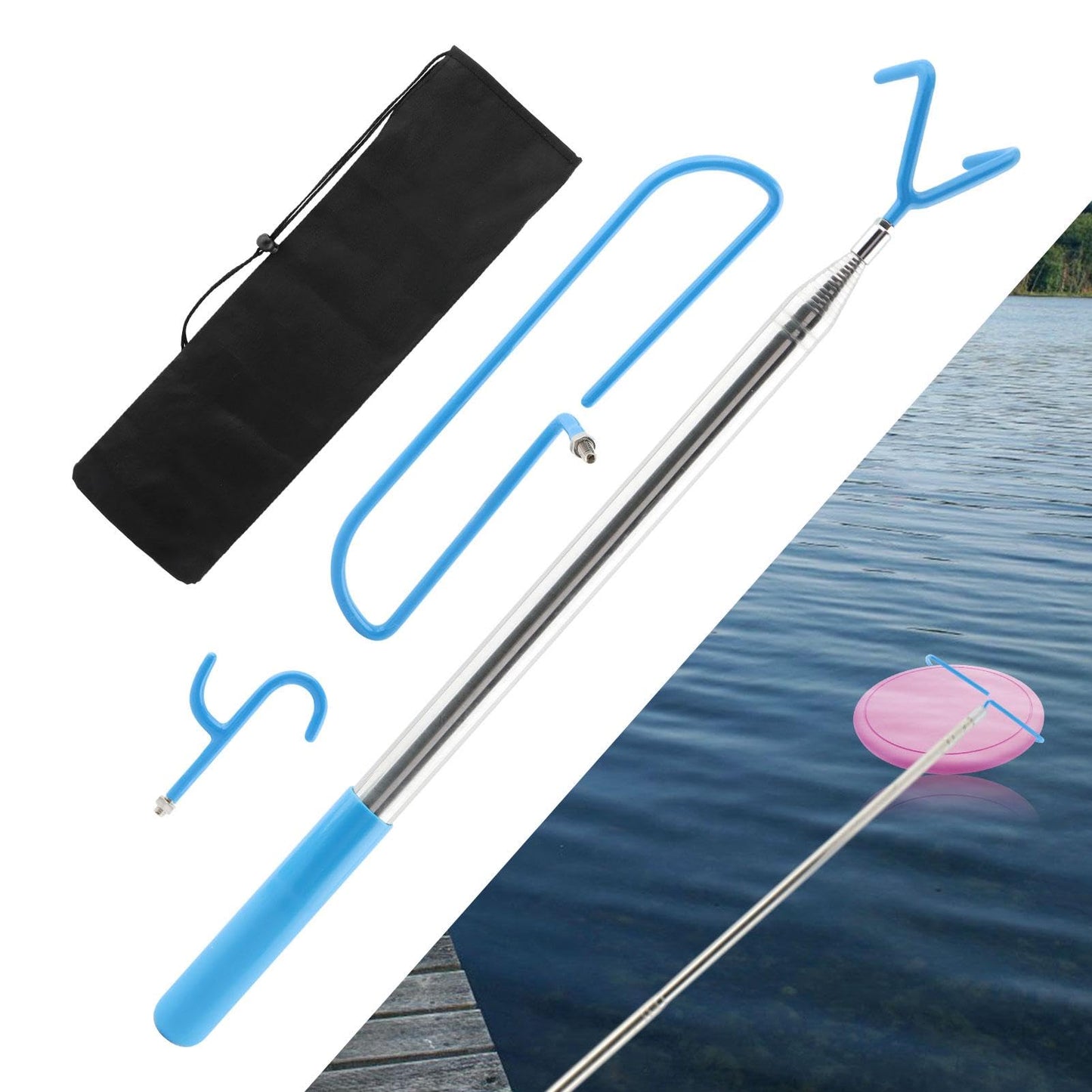 Kazheon Disc Golf Retriever Pole 16ft with Durable Stainless Steel Frame Hooks & Carry Bag, Extendable Golf Accessories Grabber to Retrieve Discs in Water, Trees, Bushes(Color:As Shown)