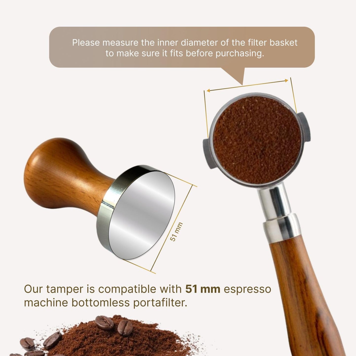 51mm Espresso Tamper - Premium Stainless Steel Base and Wooden Handle - Barista Coffee Tamper for Uniform Compression - Ideal Espresso Coffee Bar Accessories for Perfect Extraction