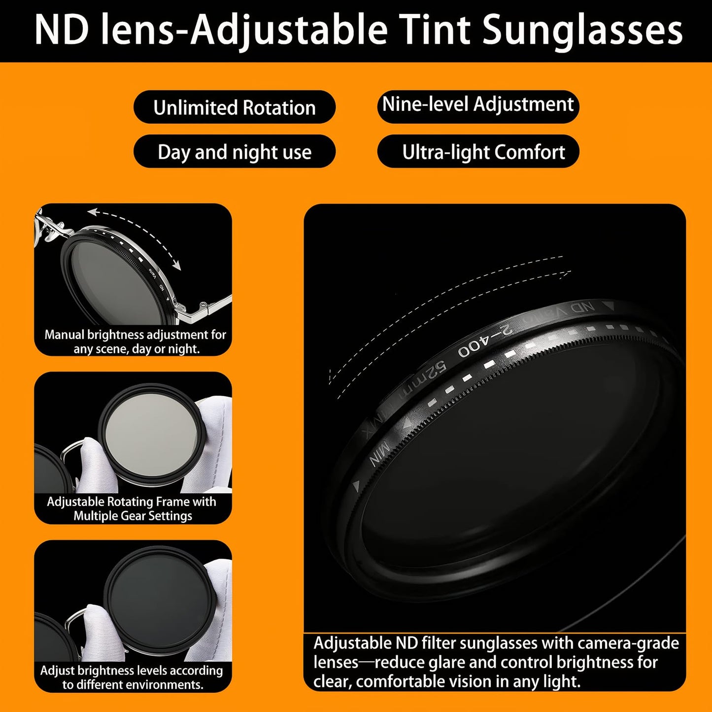 ZWJ Adjustable Tint Sunglasses, ND Filter 1–9 Levels Stepless Adjustment, Lightweight Steampunk Retro Metal Round Polarized Glasses for Men and Women (Silver)