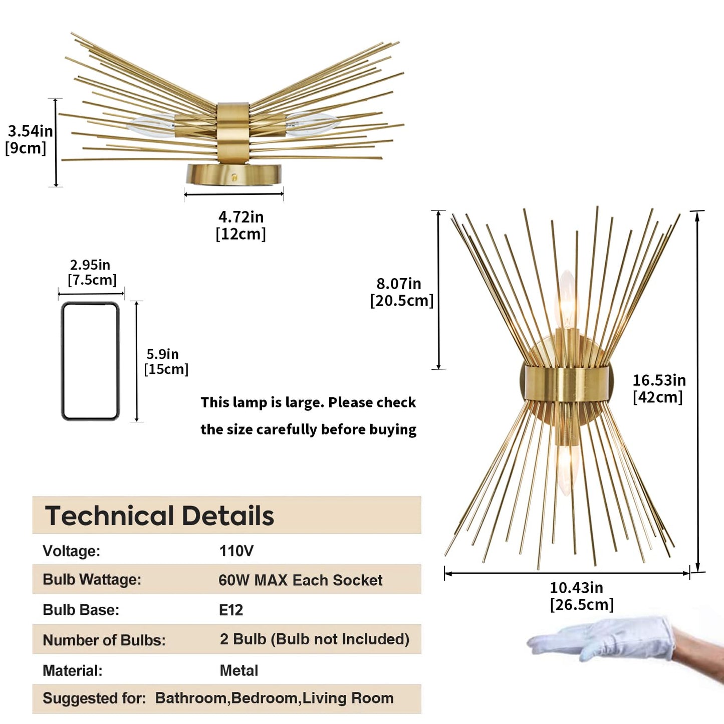 2-Light Bathroom Vanity Light, Mid-Century Modern Starburst Gold Wall Sconce, Bedside Electroplate Brass Wall Light Fixture, Wall Lamp for Powder Room Bedroom Bathroom Hallway Entryway, Set of Two