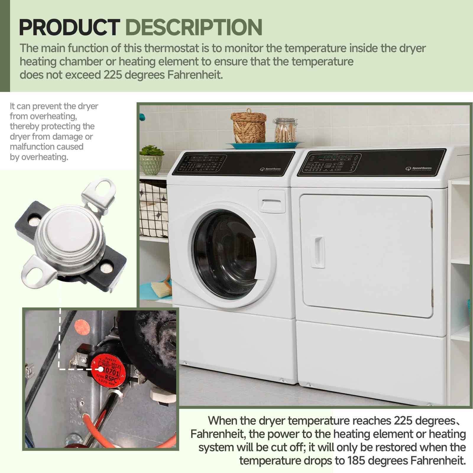 D510701 Dryer High Limit Thermostat, suitable for Speed Queen, Alliance, Amana, and Other Brands, Replaces AP6285126, 510701, 61210, 62461, 62641, PS17001072, 504537-OEM Replacement Part, L225-40F