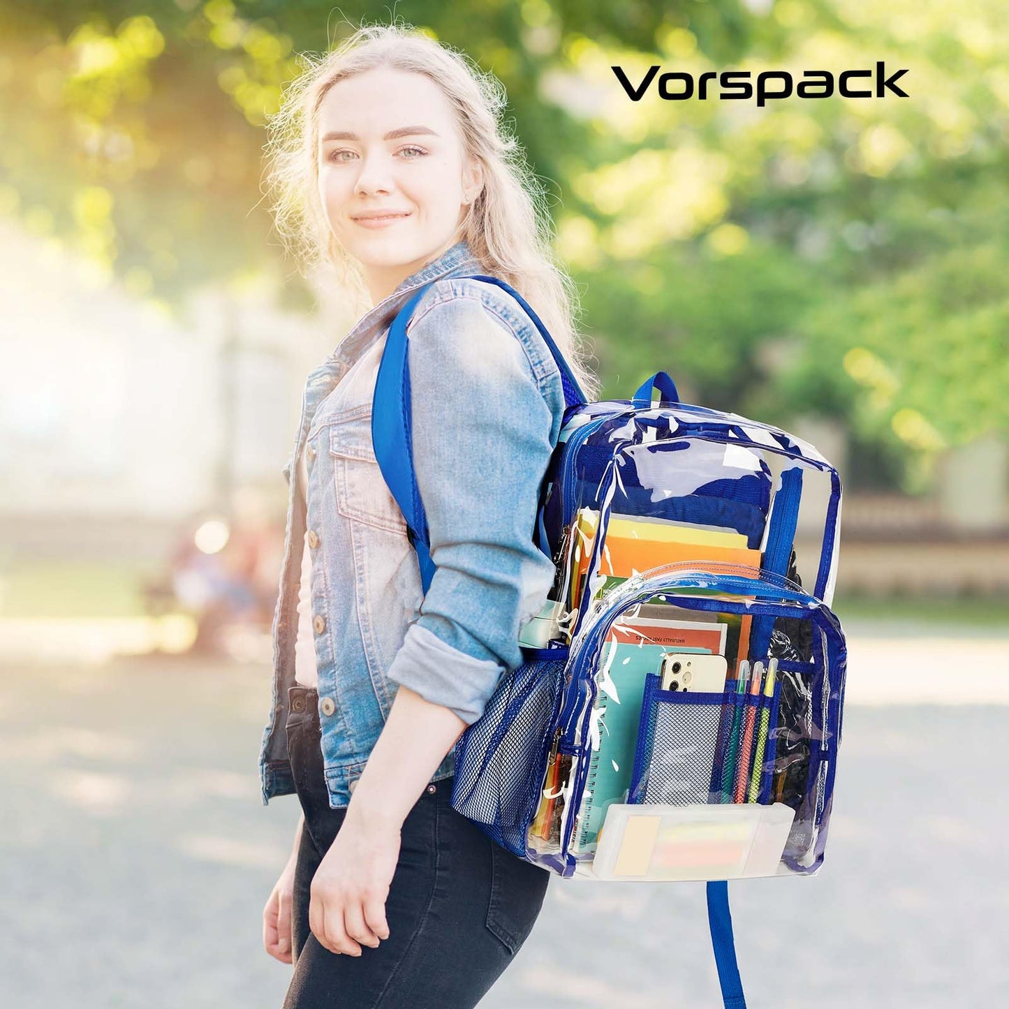 Vorspack Clear Backpack Heavy Duty PVC Transparent Backpack Extra Large Clear Backpacks with Reinforced Strap for College Workplace Security - Blue