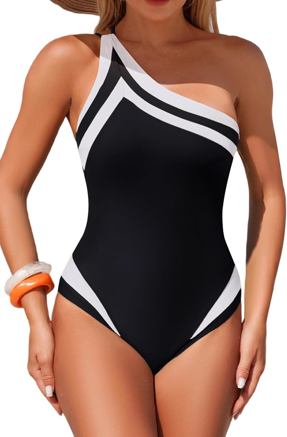 Skiennix Women's One-Piece Swimsuit - One Shoulder Tummy Control | Flattering Color Block Design