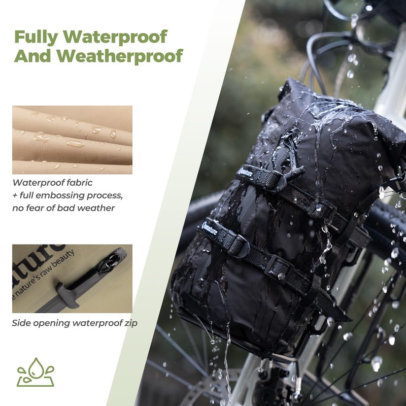QUNATURE Bike Front Fork Bag Waterproof 3L/6L/12L, Ultralight with Side Zipper & Quick-Compress Roll System, Fully-Taped TPU Nylon, Mount on Fork/Handlebar/Rack for MTB Road Bike, Black Medium